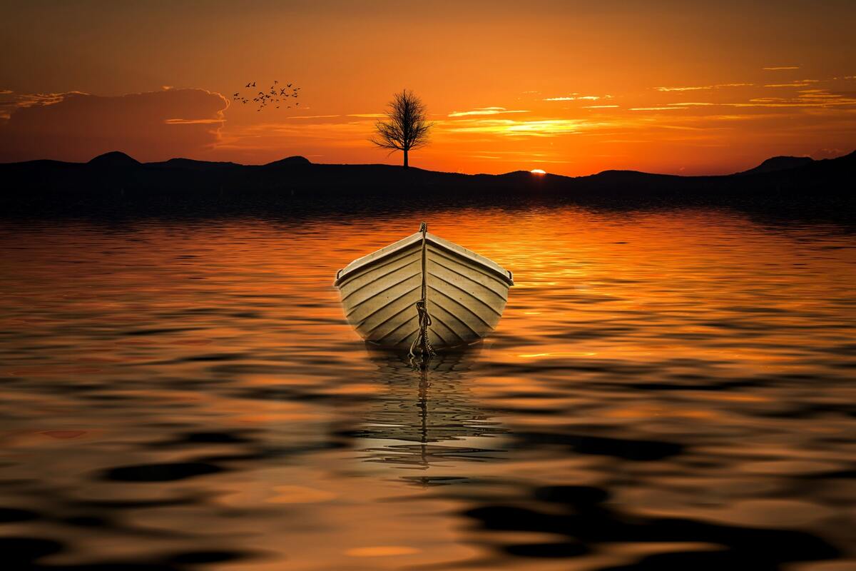 море, океан, лодка, восход