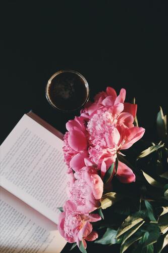 цветы, пионы, книга, кофе