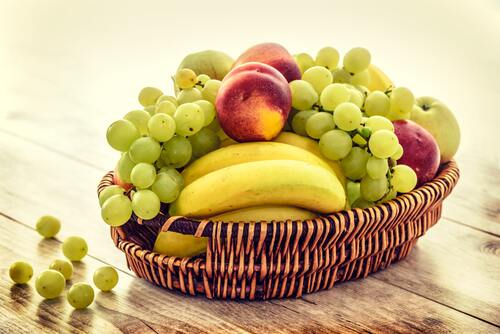 фрукты, на кухню, корзина, бананы, виноград