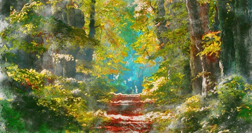 лес, деревья, природа, роща, живопись, искусство, акварель